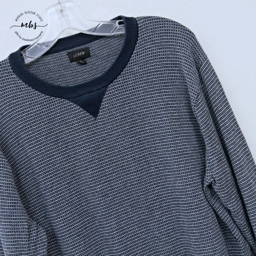 J. Crew Cotton Striped Bird's Eye Stitch Sweater Navy White‎ L